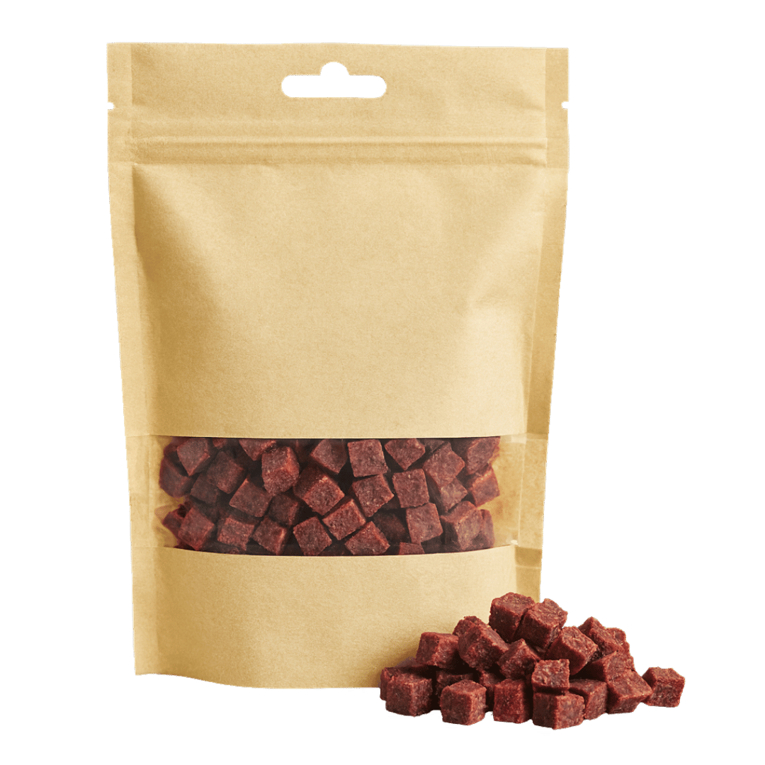 Natürliche Pferd Würfel Hundesnacks in wiederverschließbarer Kraftpapier-Verpackung – hypoallergene Belohnung für sensible Hunde