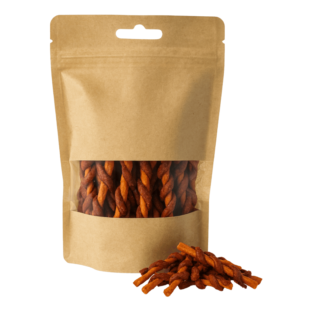 Natürliche Kaustangen aus Pferdefleisch und Karotte ohne Rohhaut – getreidefrei, schonend getrocknet, ideal für sensible Hunde.
