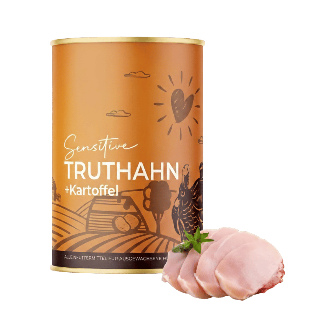 Dose Nassfutter Sensitive Truthahn mit Kartoffel für sensible Hunde, hellbraune Verpackung mit Truthahnfleisch