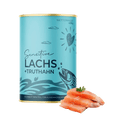 Dose mit Sensitive Nassfutter Lachs und Truthahn für ausgewachsene Hunde, Produktabbildung mit Fleischstücken
