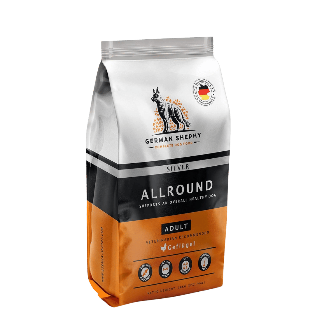 Trockenfutter für Hunde, Produktfoto der German Shephy Allround Adult Geflügel Verpackung mit Gesundheitsvorteilen